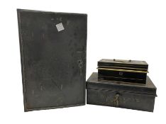 Two early 20th century black japanned deed boxes and a similar 19th century safe