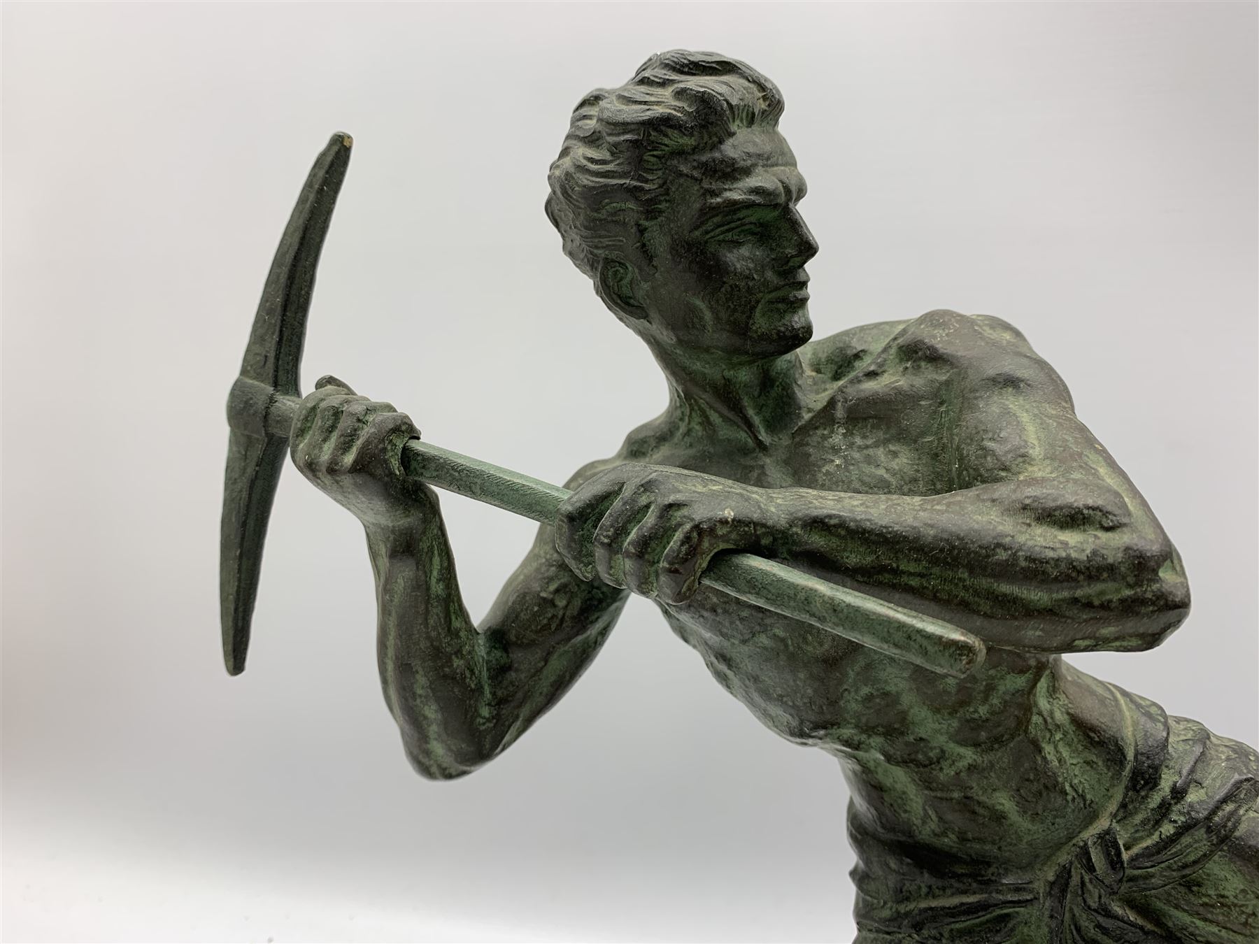 French Art Deco sculpture of miner with pick axe upon naturalistic base mounted on onyx plinth W54cm - Image 2 of 4