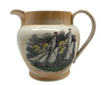 19th century Sunderland orange lustre jug with a study of a sailing ship 'True Love from Hull'