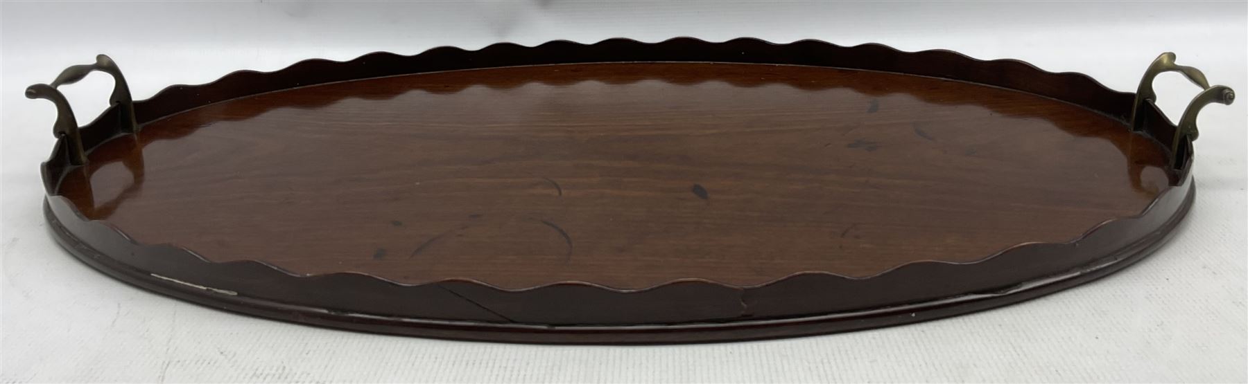 Edwardian mahogany oval tray with galleried border and brass handles W68cm - Image 2 of 3