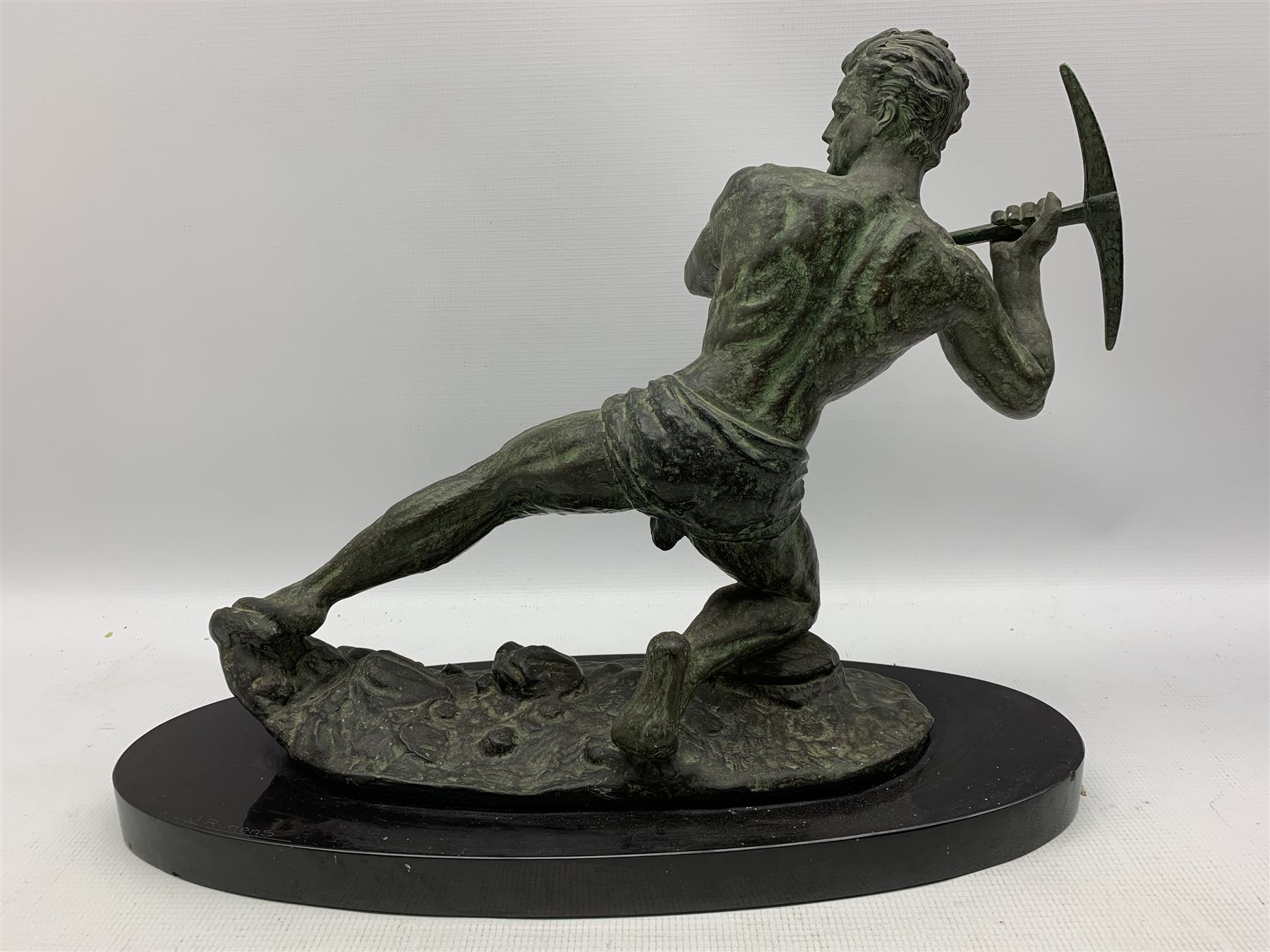 French Art Deco sculpture of miner with pick axe upon naturalistic base mounted on onyx plinth W54cm - Image 4 of 4