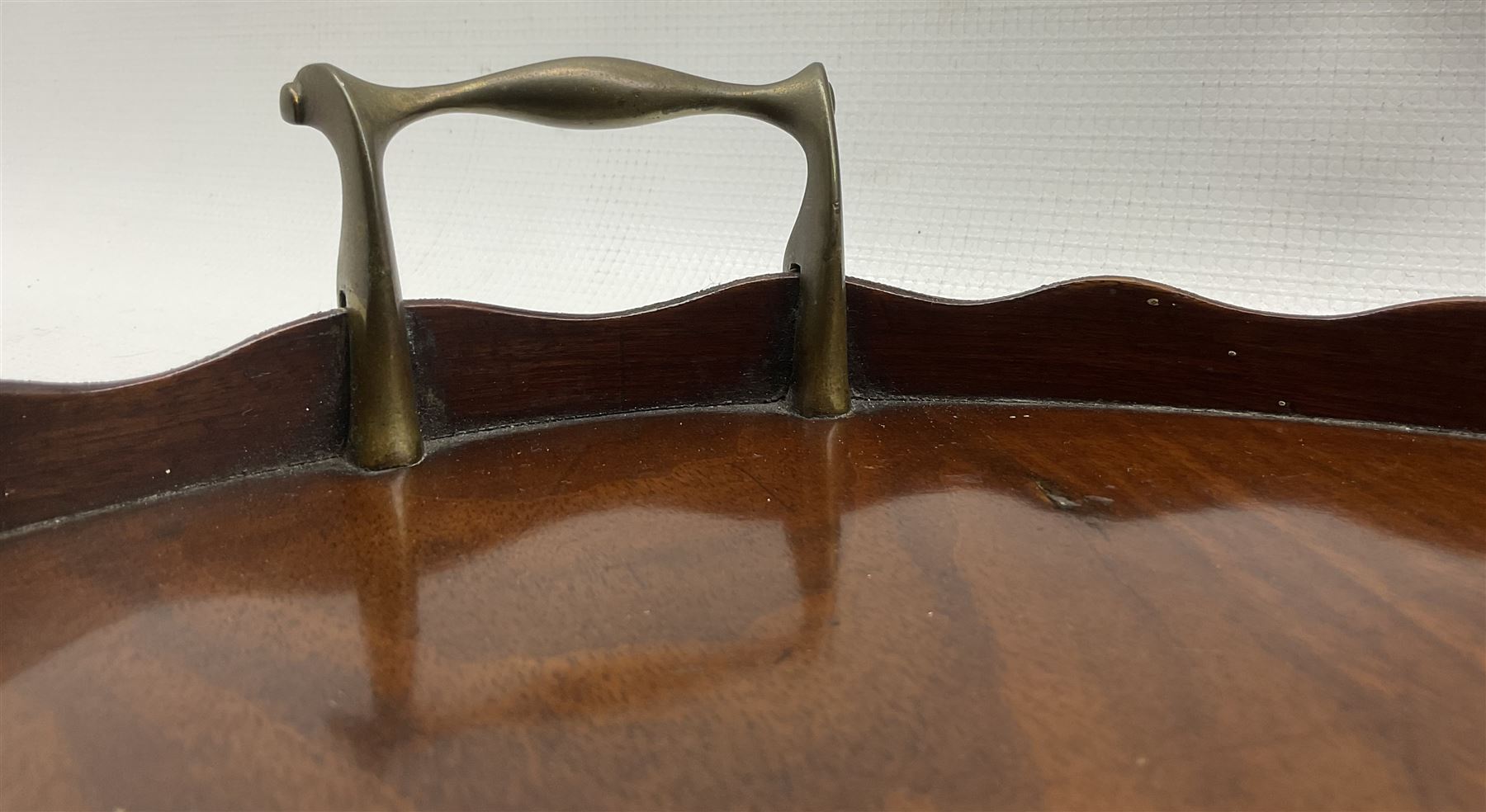 Edwardian mahogany oval tray with galleried border and brass handles W68cm - Image 3 of 3