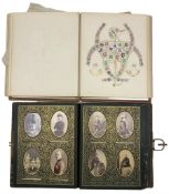 Victorian stamped leather photograph album and contents of portrait photographs and with metal clasp