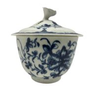 18th century Worcester blue and white bowl decorated with trailing leaves and flowers with open cres