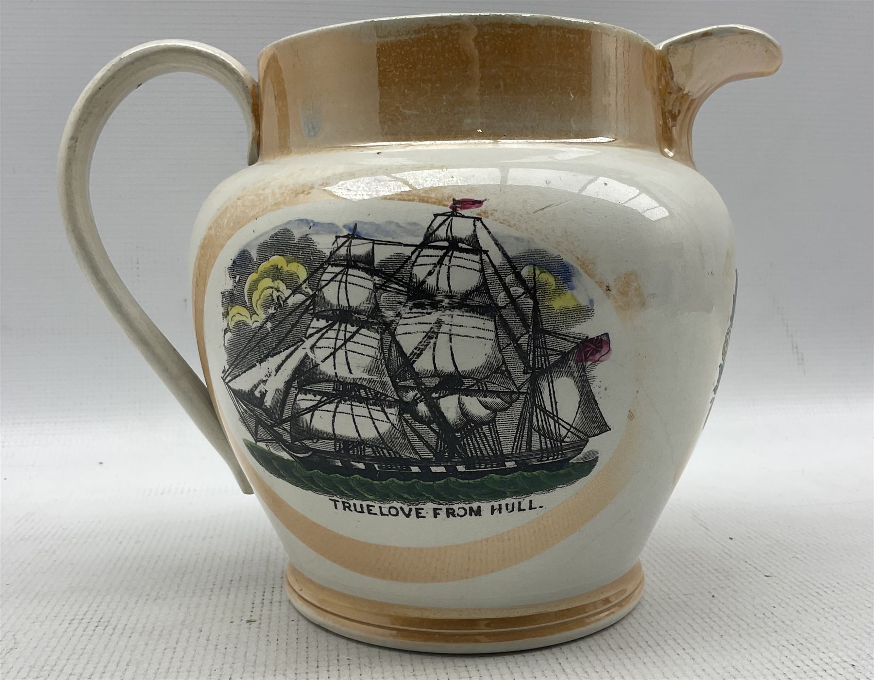 19th century Sunderland orange lustre jug with a study of a sailing ship 'True Love from Hull' - Image 2 of 3