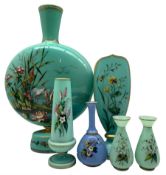 Victorian turquoise opaline glass vase painted with heron and lilies in riverbank scene another deco