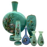 Victorian turquoise opaline glass vase painted with heron and lilies in riverbank scene another deco