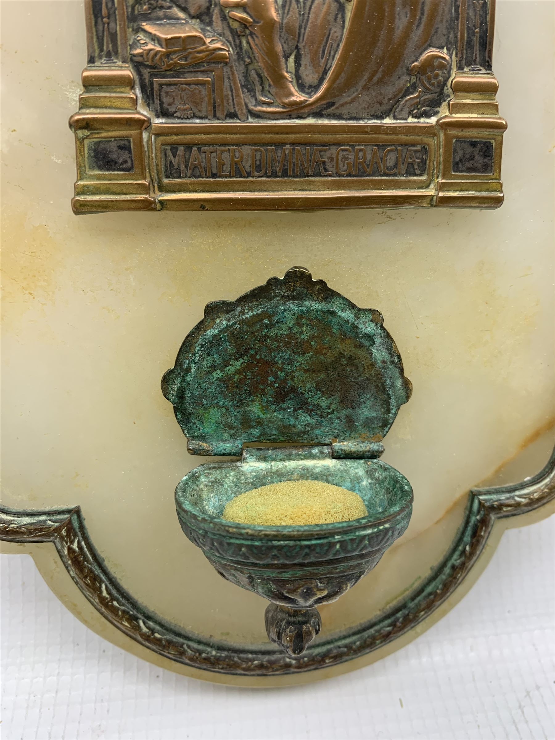 French copper wall mounted holy water stoop with plaque depicting 'Madonna and Child with the Young - Image 4 of 4