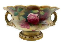Early 20th century Royal Worcester twin handled footed bowl of squat baluster form with scalloped ri