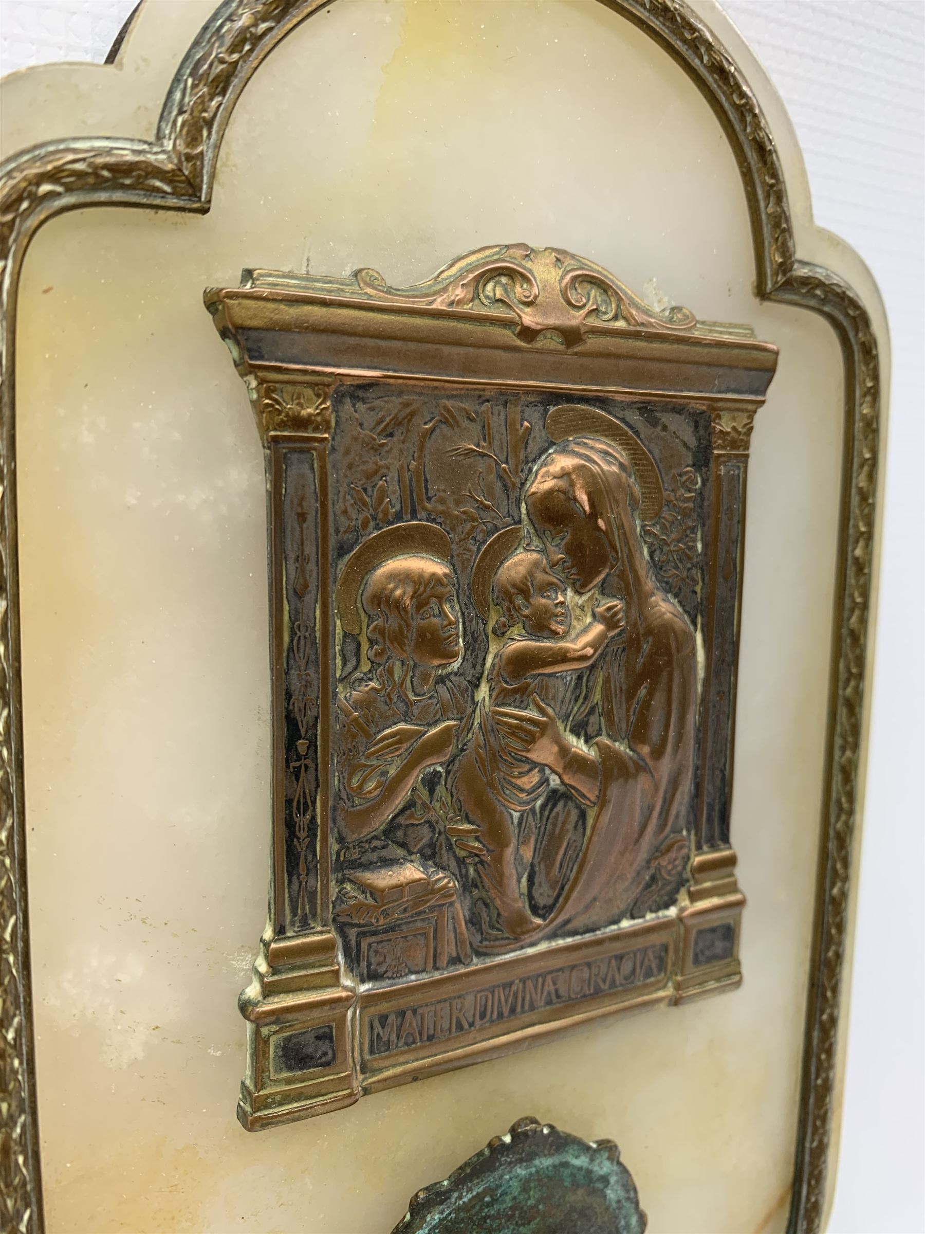 French copper wall mounted holy water stoop with plaque depicting 'Madonna and Child with the Young - Image 2 of 4
