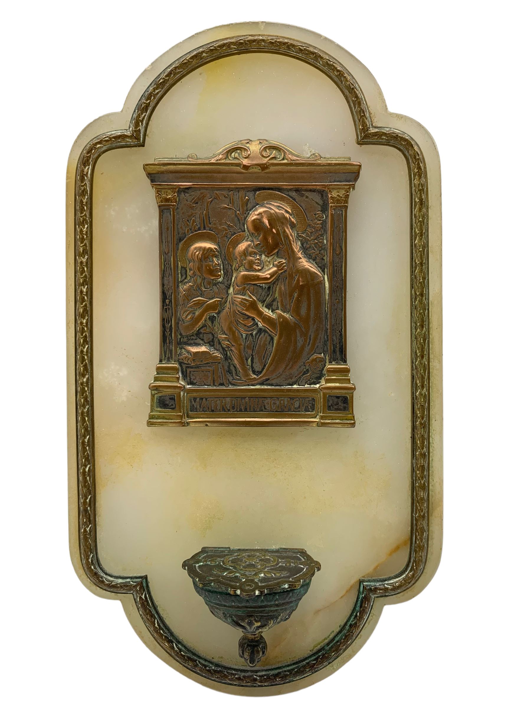 French copper wall mounted holy water stoop with plaque depicting 'Madonna and Child with the Young