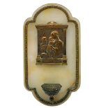 French copper wall mounted holy water stoop with plaque depicting 'Madonna and Child with the Young