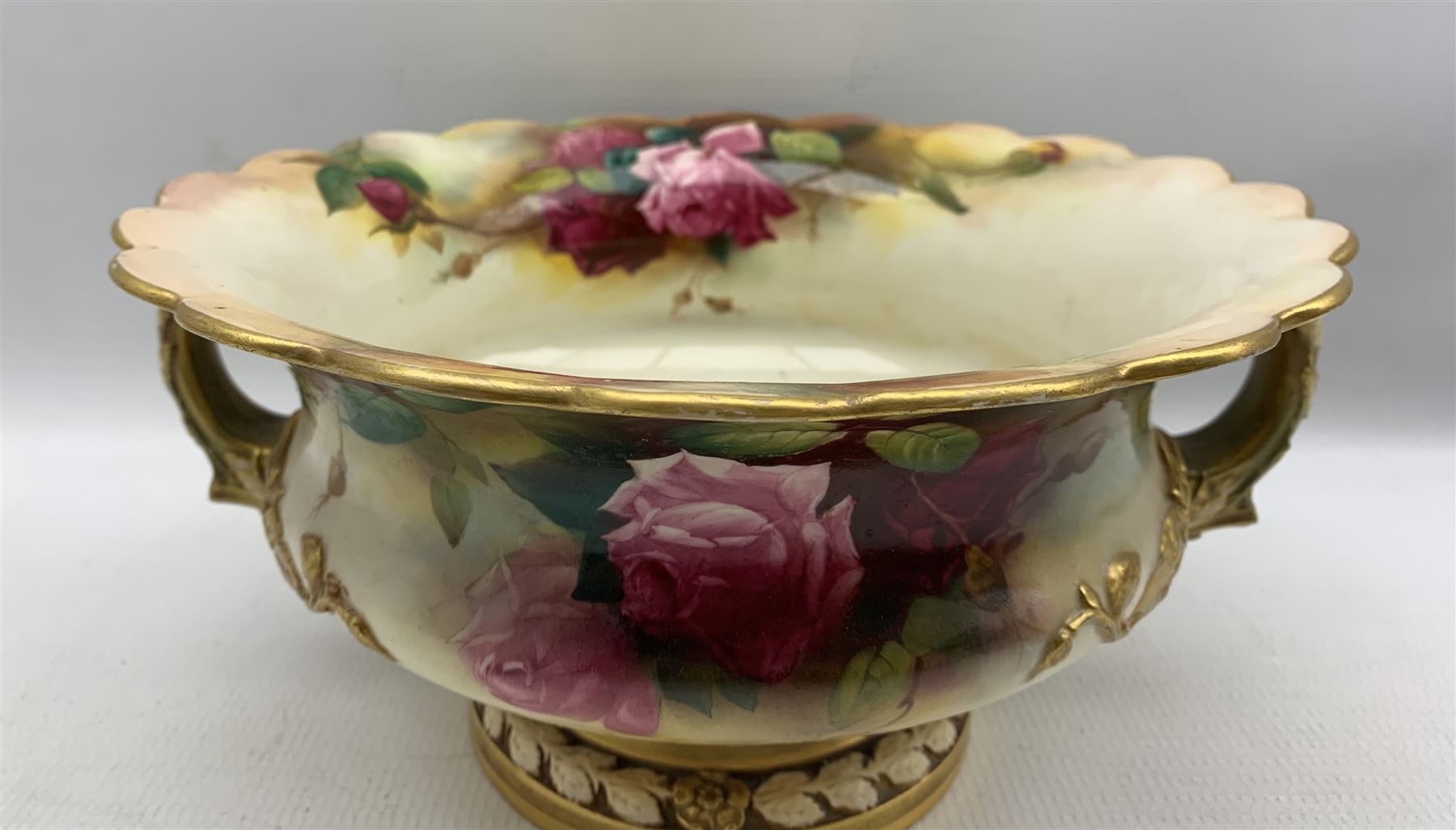 Early 20th century Royal Worcester twin handled footed bowl of squat baluster form with scalloped ri - Image 2 of 5