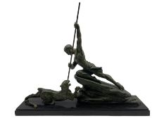 After Rene Varnier: Spelter model of man fighting with panther with spear in hand