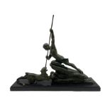 After Rene Varnier: Spelter model of man fighting with panther with spear in hand