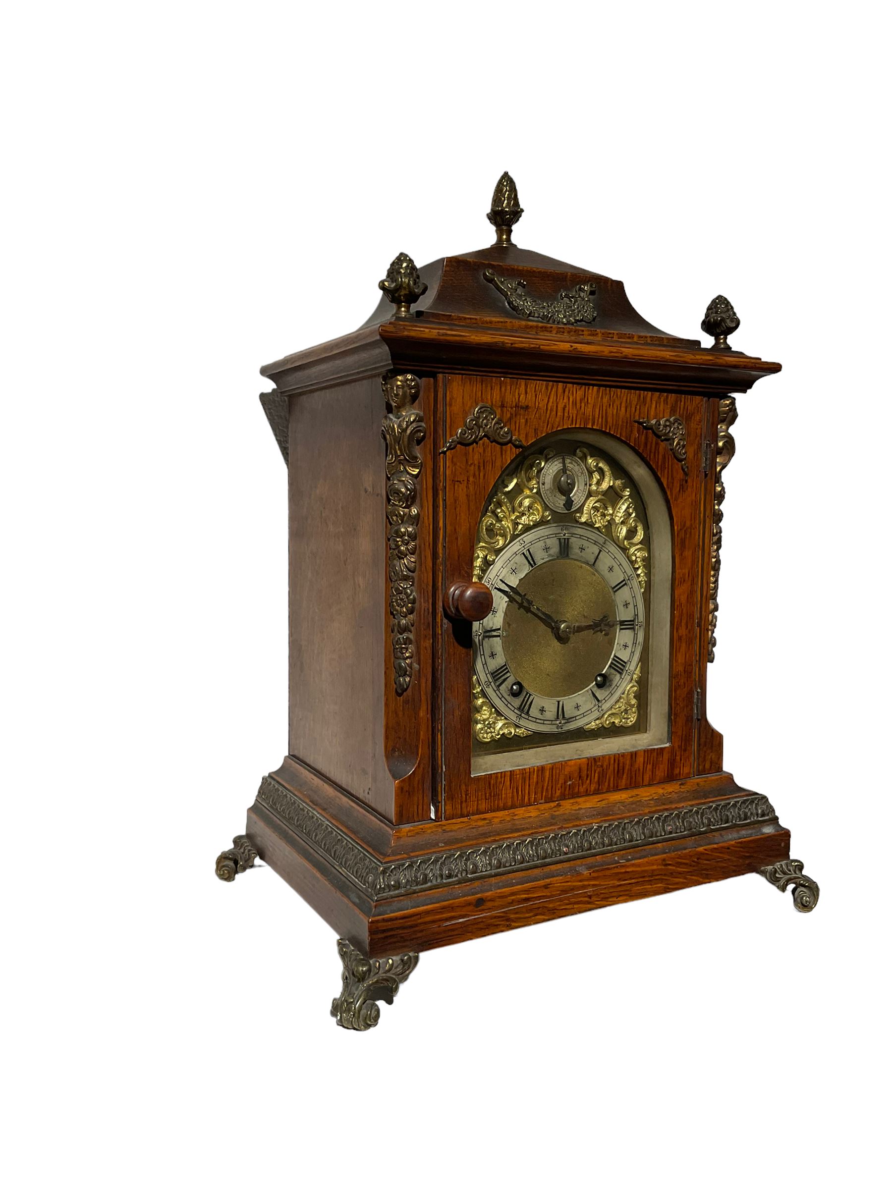 Winterhalder & Hoffmeier - 8-day quarter-striking German mantle clock in an oak case c1900 - Image 2 of 4