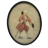 Silk embroidered oval picture of an 18th century gentleman in pink coat