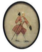 Silk embroidered oval picture of an 18th century gentleman in pink coat