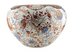 Large Chinese porcelain jardiniere of ovoid form with turned-in rim and decorated in the Imari palet