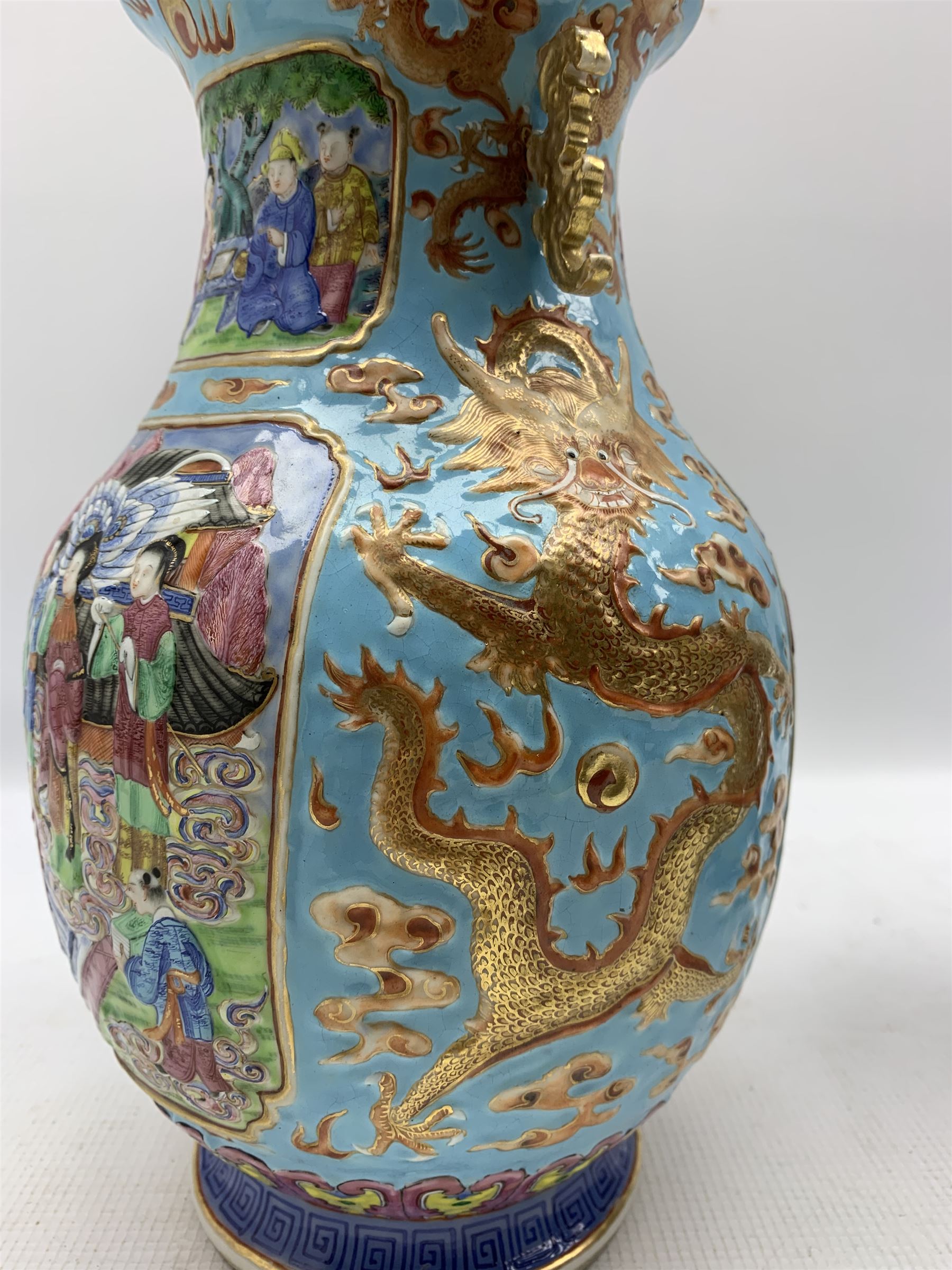 Pair of Chinese Canton Famille Rose twin handled vases - Image 8 of 12