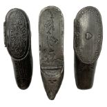 Three 19th century pewter snuff boxes in the form of shoes