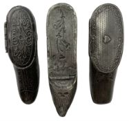 Three 19th century pewter snuff boxes in the form of shoes