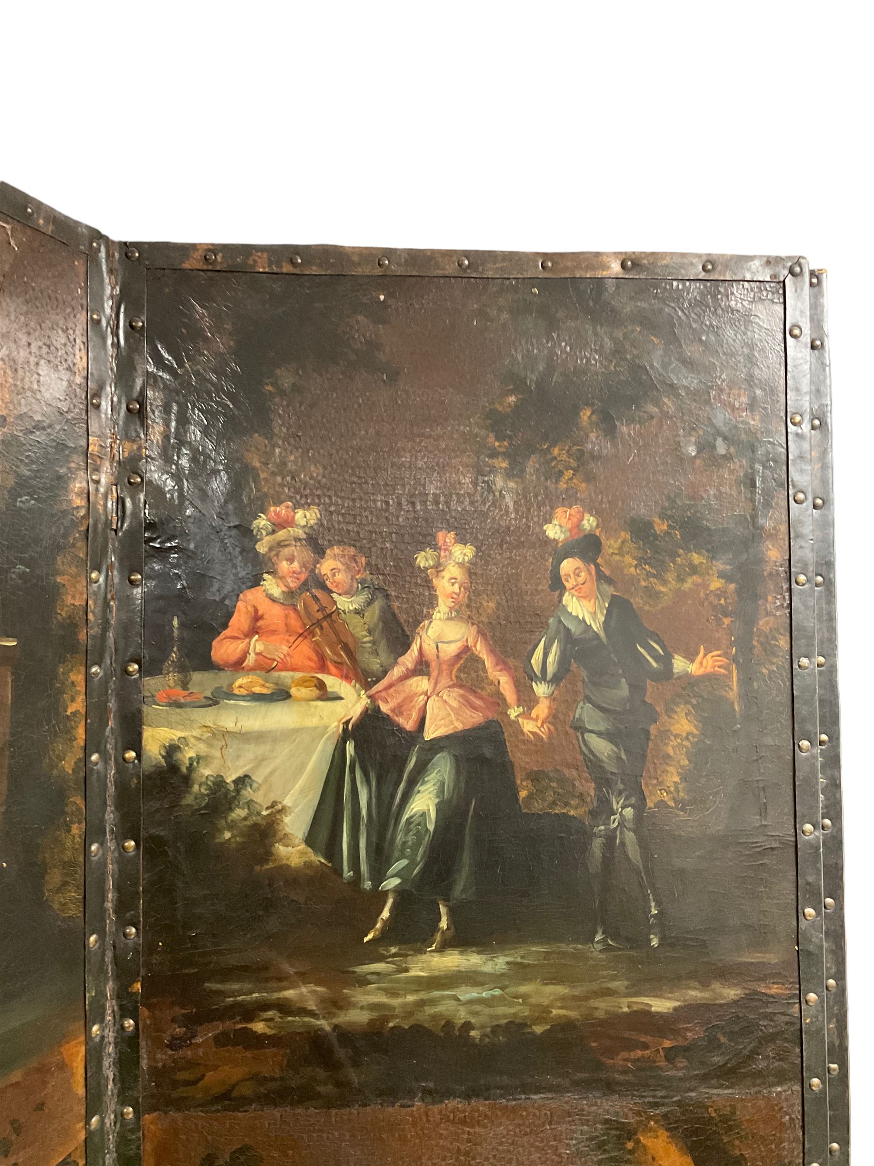 Late 18th century Dutch painted leather six panel screen - Image 8 of 16