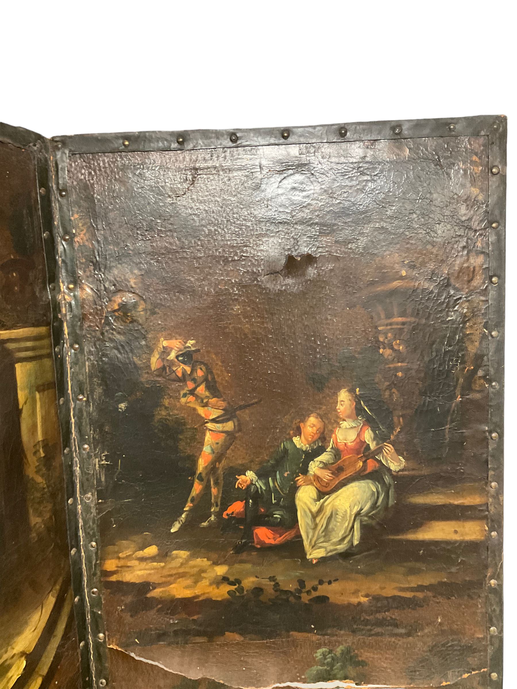 Late 18th century Dutch painted leather six panel screen - Image 12 of 16