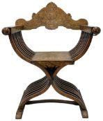 19th century Italian Sorrento style x-framed throne chair or Savonarola chair