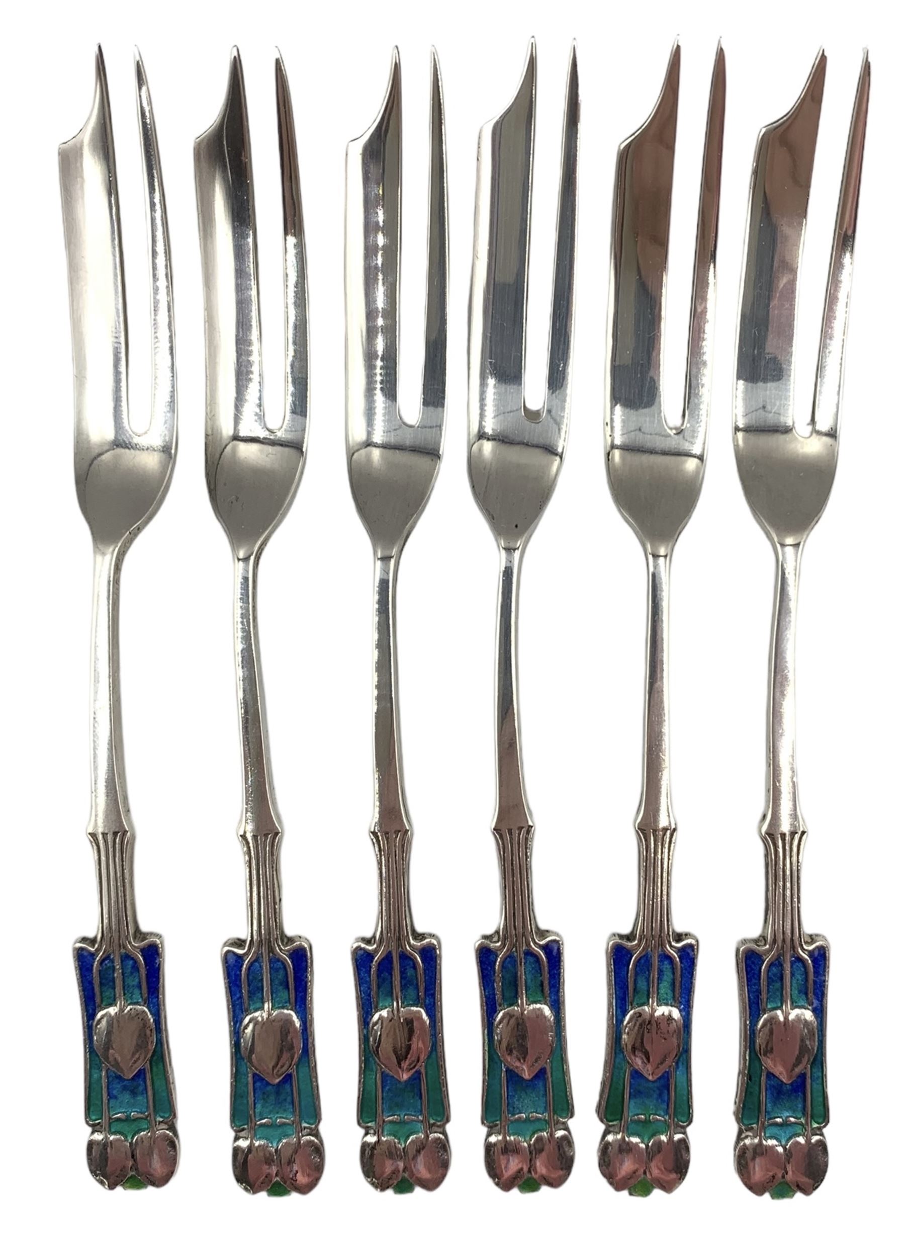 Set of six Art Nouveau silver and enamel pastry forks designed by Archibald Knox for Liberty & Co. - Image 4 of 6