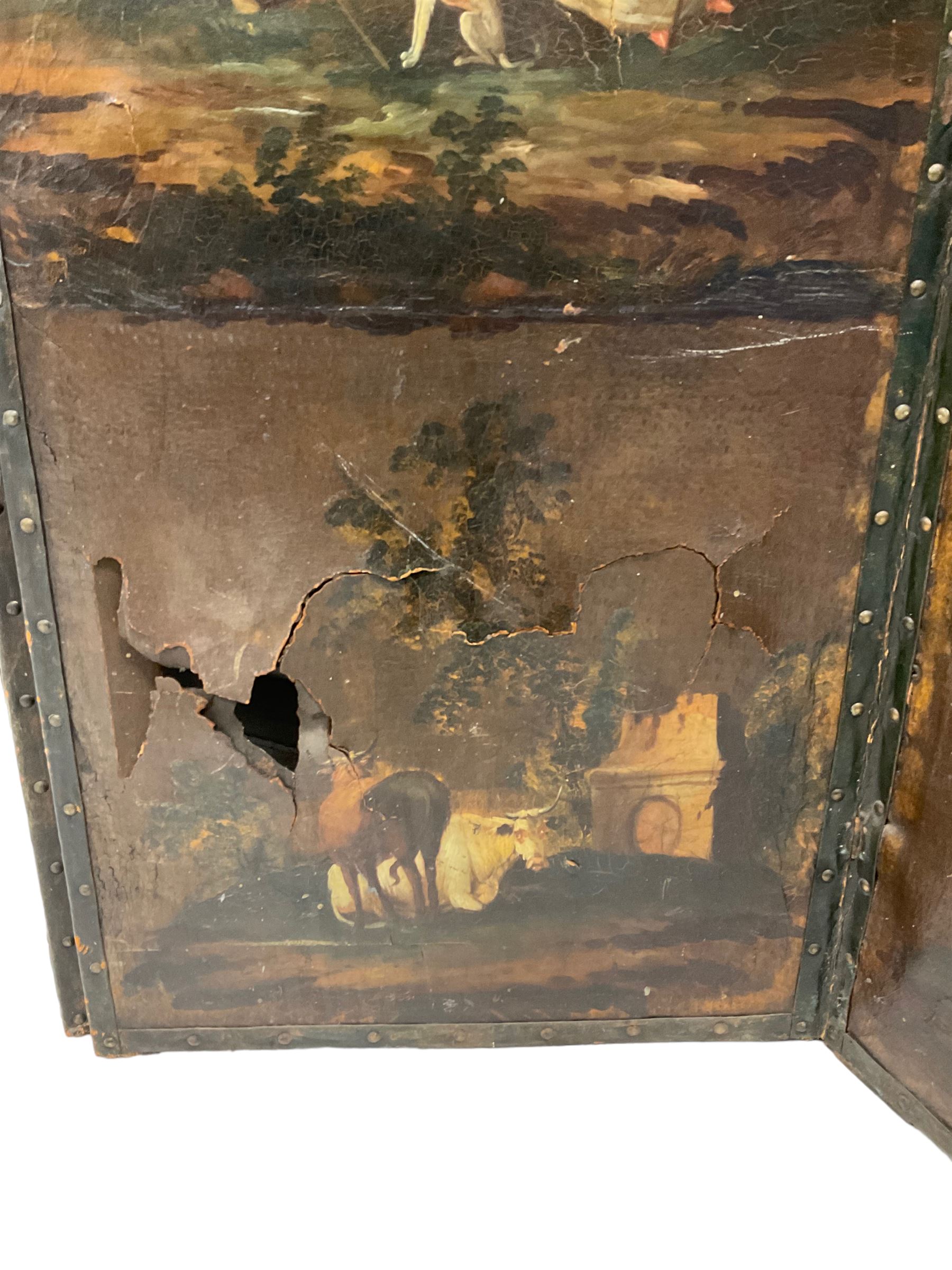 Late 18th century Dutch painted leather six panel screen - Image 7 of 16