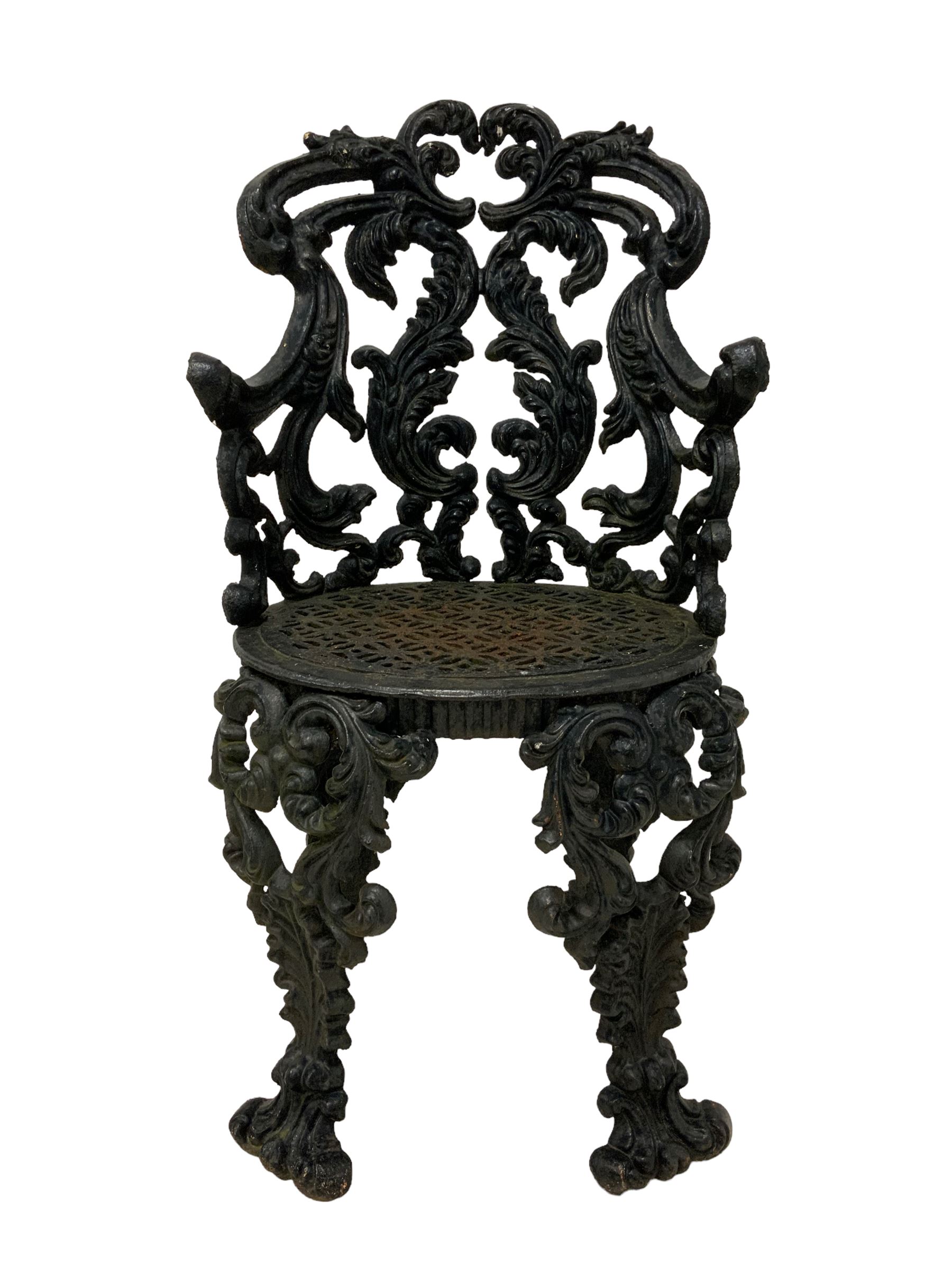 Late 19th century painted heavy ornate cast iron garden chair