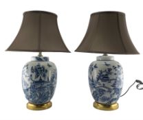 Pair of Chinese porcelain blue and white lamps in the form of ginger jars and covers