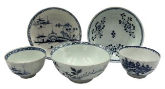 Group of 18th century porcelain comprising a Cannonball pattern tea bowl and saucer