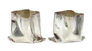 Pair of novelty silver vases by Rebecca Joselyn modelled as crumpled bags