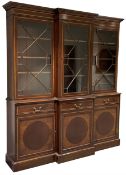 Edwardian revival inlaid mahogany breakfront bookcase on cupboard