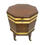 George III mahogany and brass bound octagonal cellarette on stand
