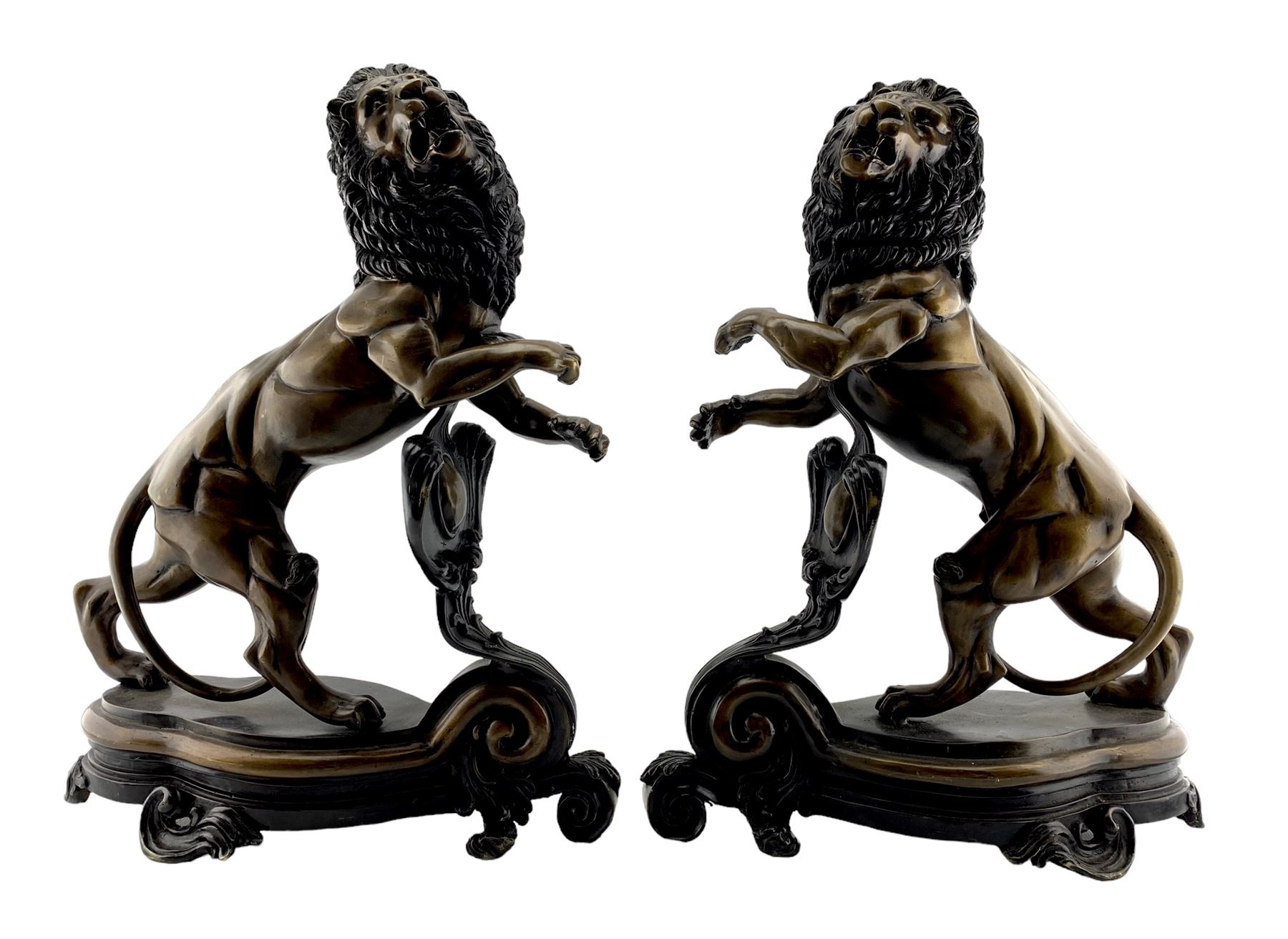 Pair of 20th century bronzed lions rampant