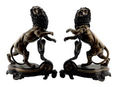 Pair of 20th century bronzed lions rampant