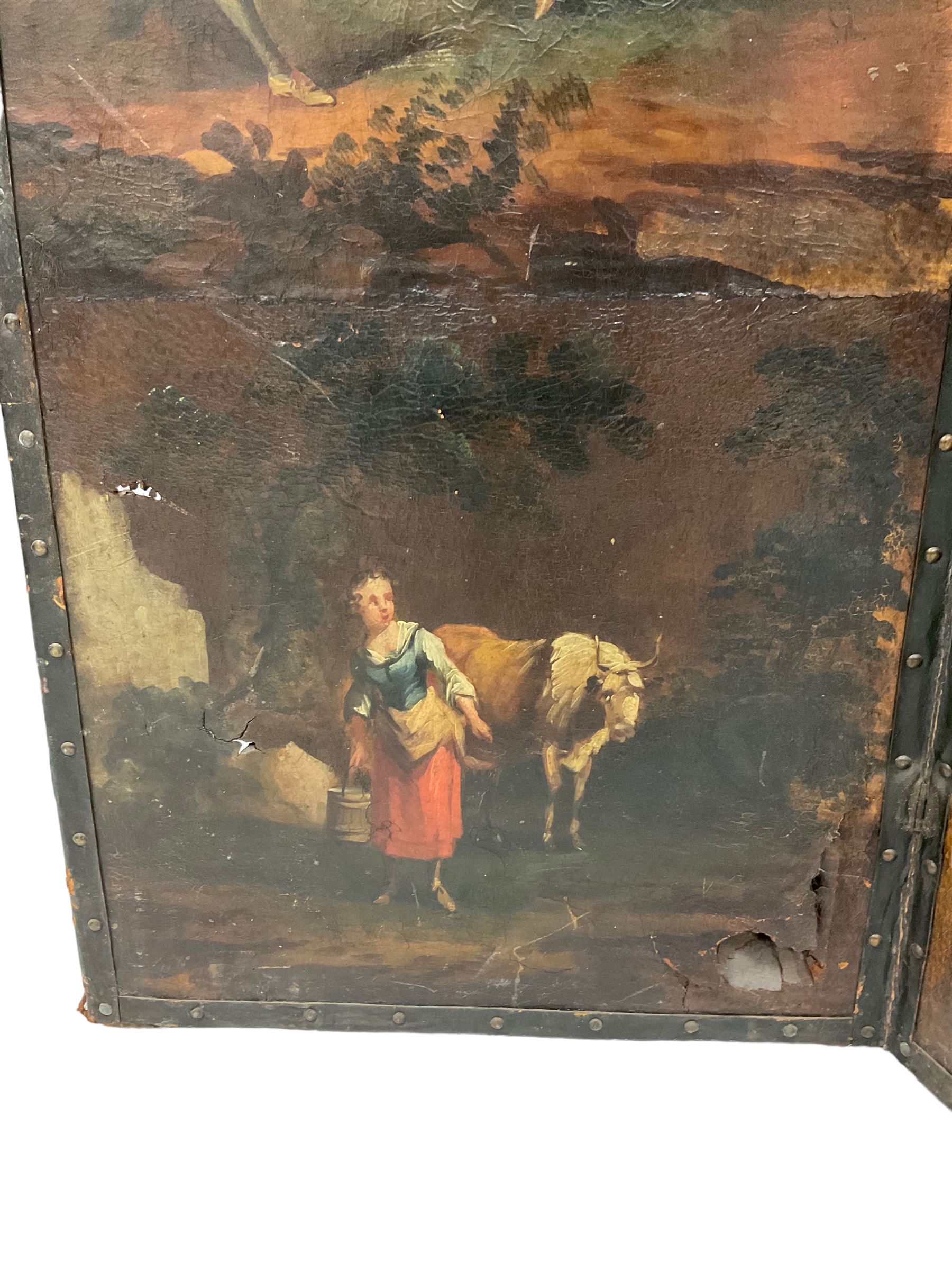 Late 18th century Dutch painted leather six panel screen - Image 5 of 16