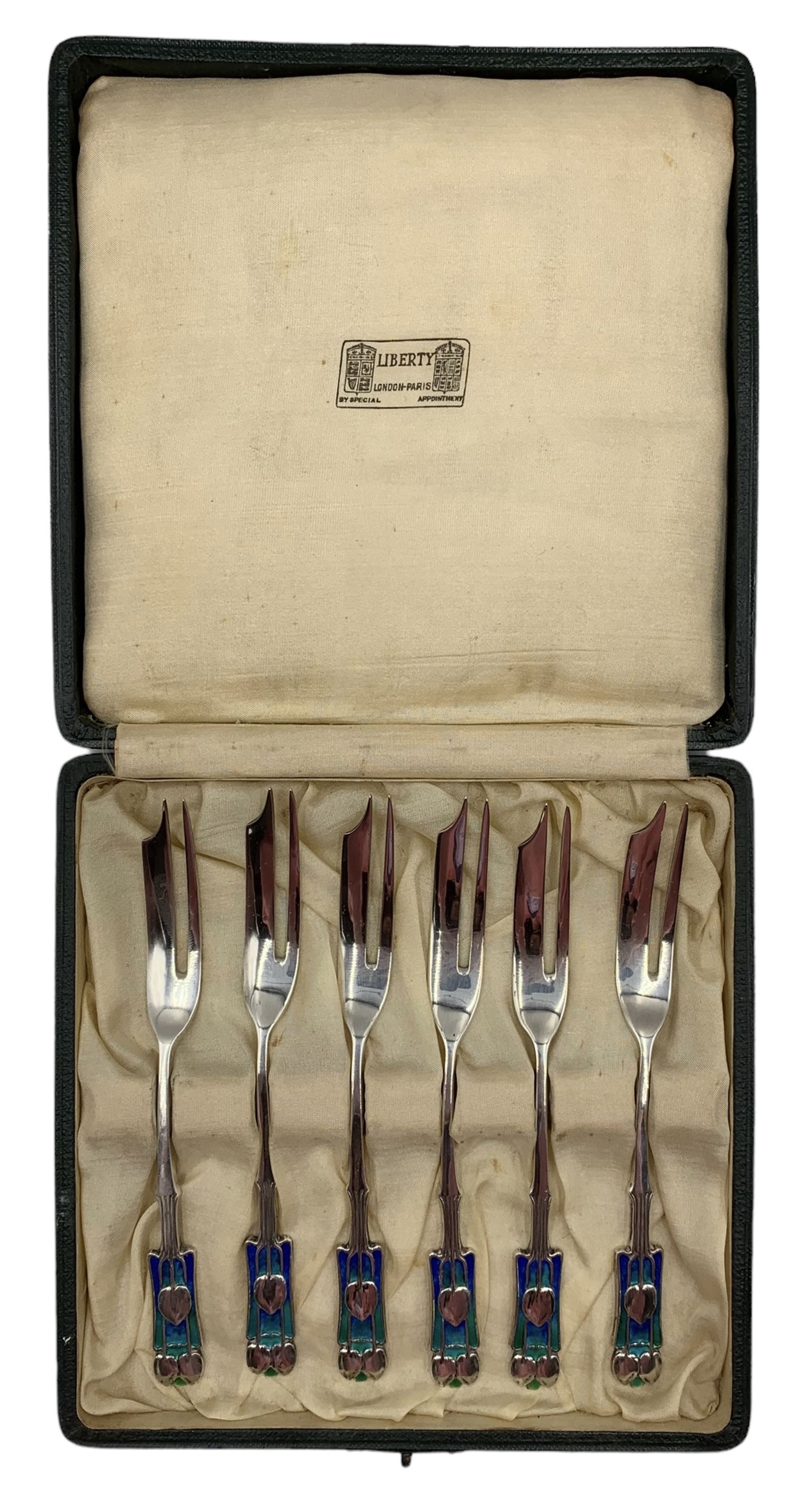 Set of six Art Nouveau silver and enamel pastry forks designed by Archibald Knox for Liberty & Co. - Image 6 of 6