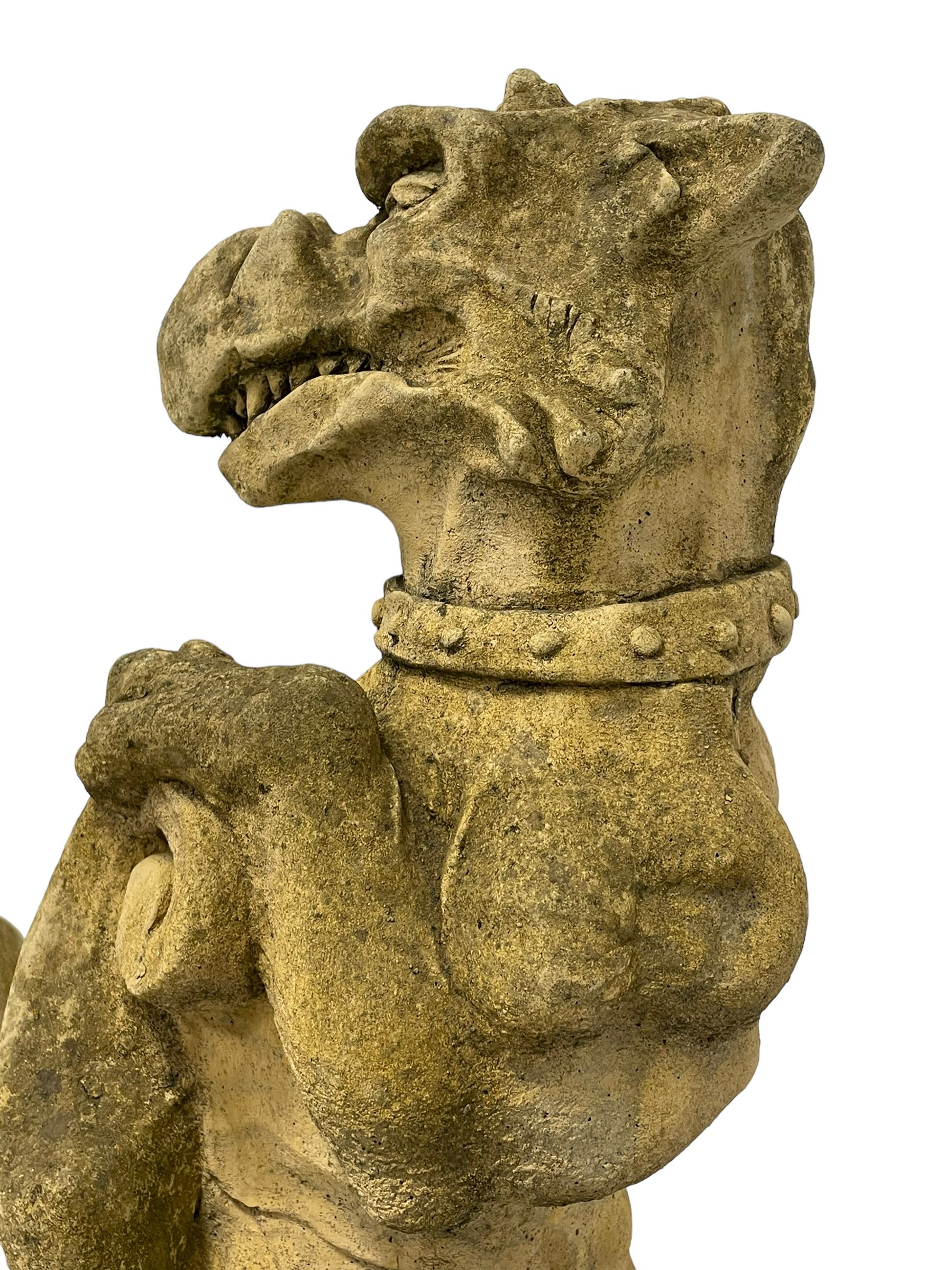 Pair of composite stone garden ornaments in the form of griffins or gargoyles holding cartouche shie - Image 5 of 6