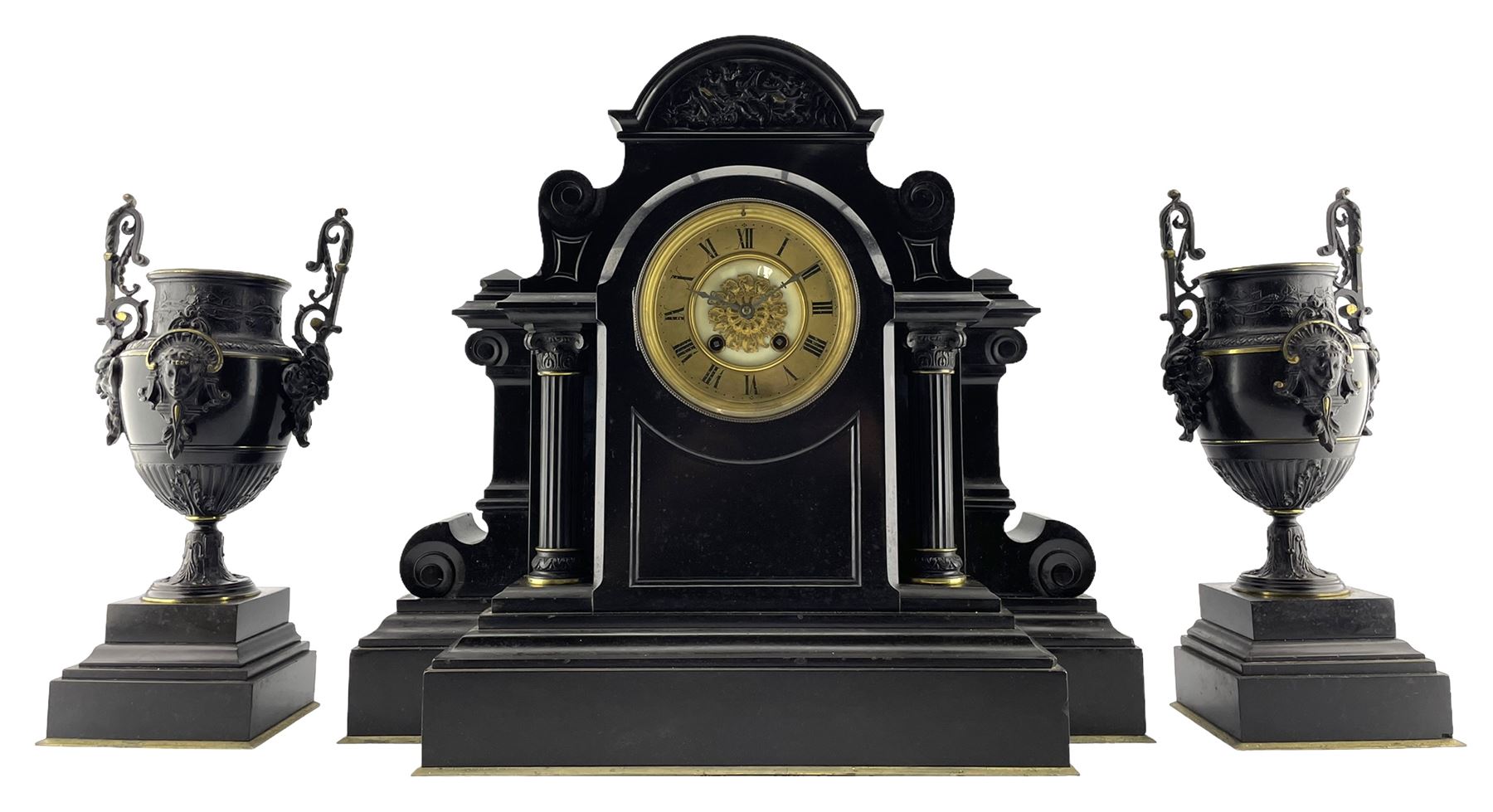 French - Belgium slate mantle clock and garniture c1880
