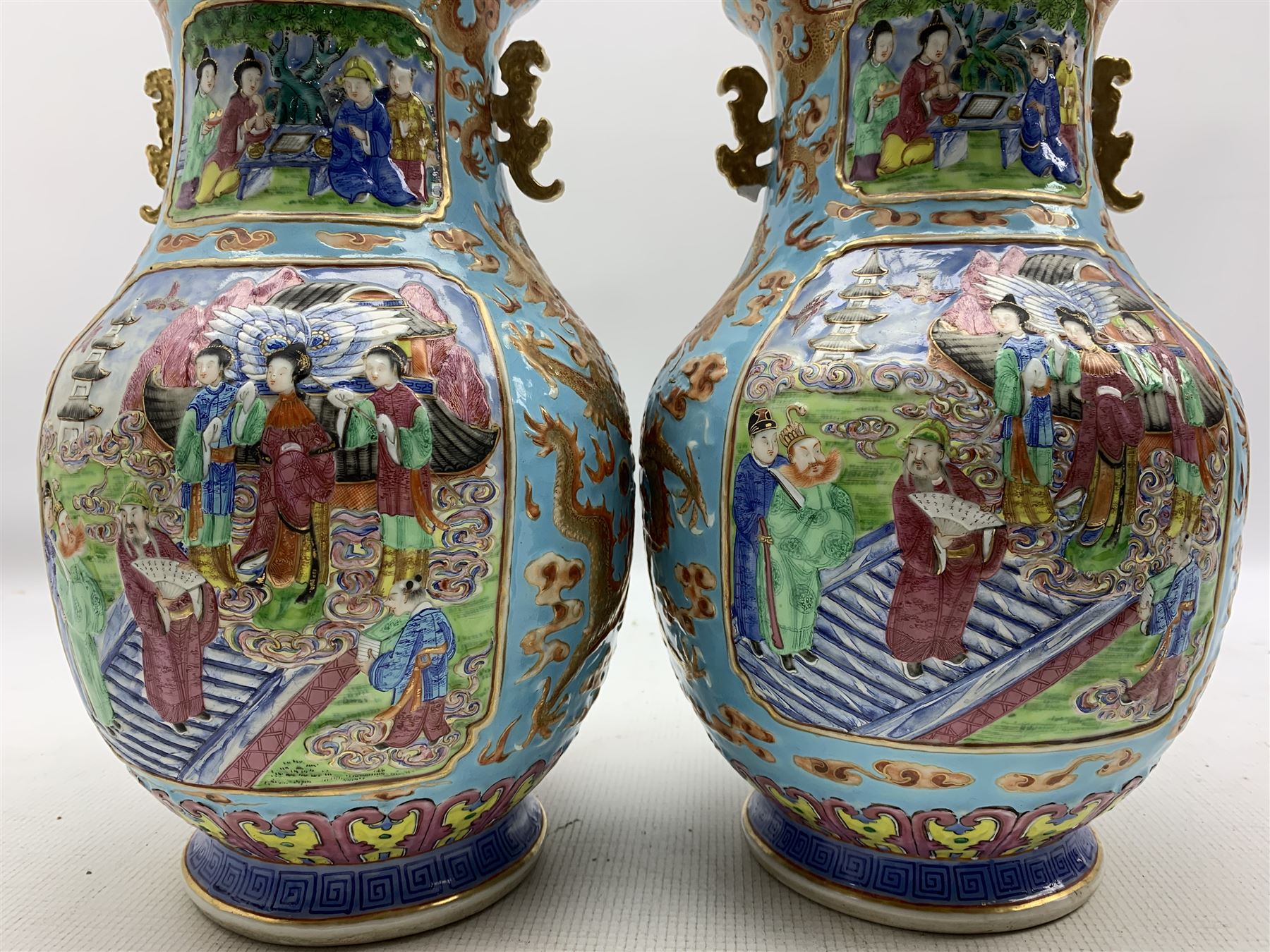 Pair of Chinese Canton Famille Rose twin handled vases - Image 10 of 12