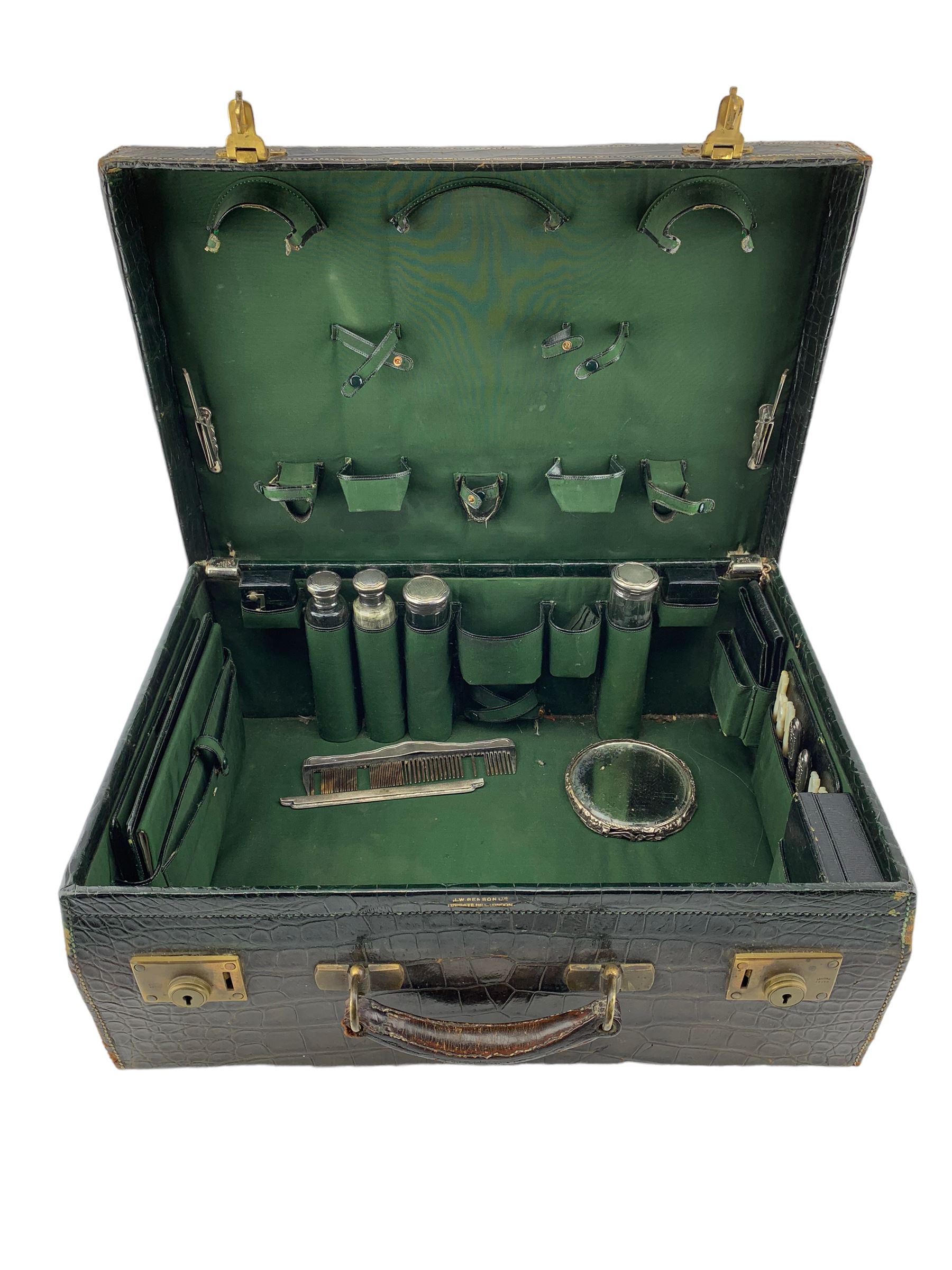 George V ladies green leather vanity case by J.W. Benson Ltd