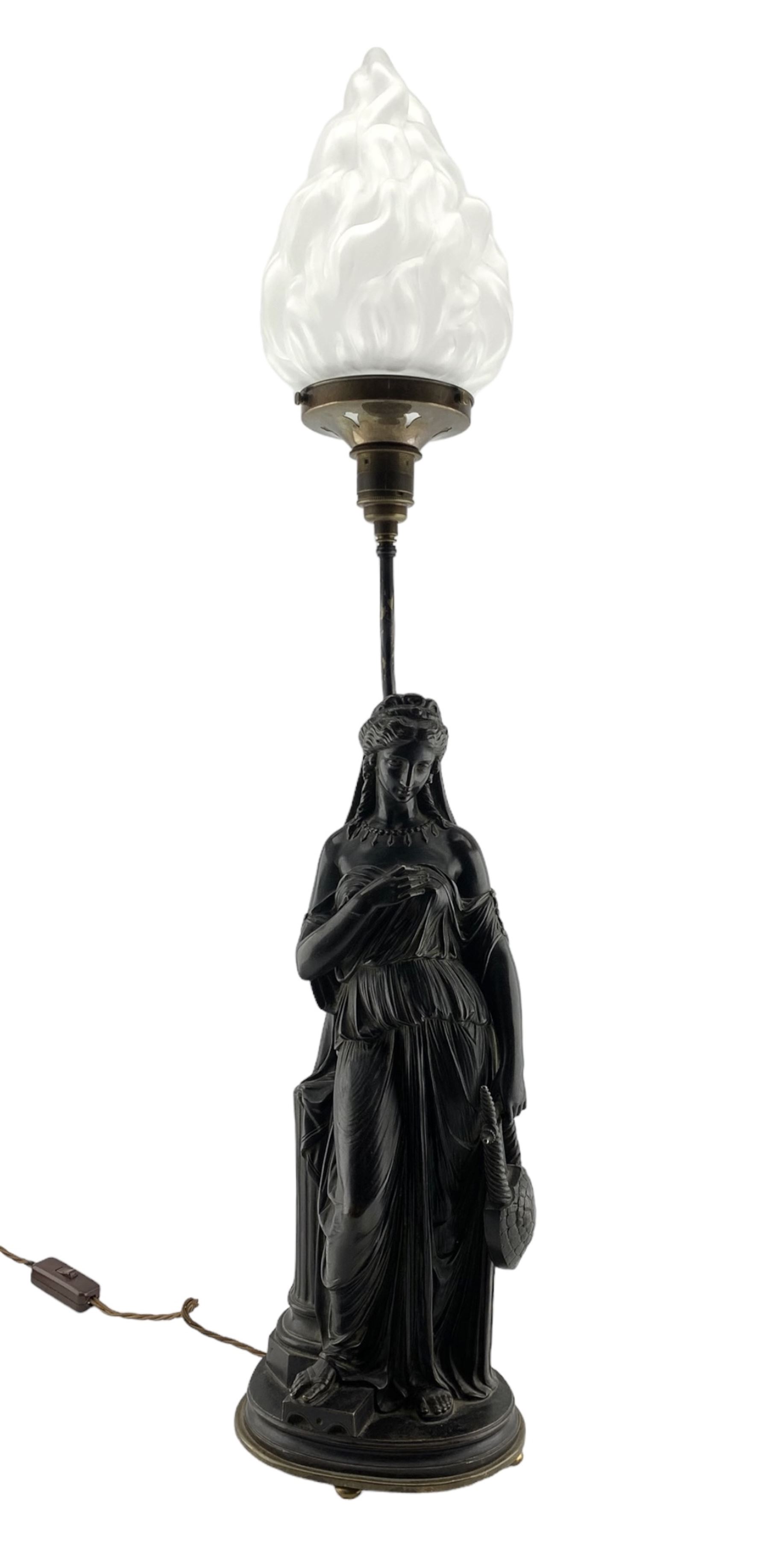 19th century patinated bronze figural table lamp modelled as Erato