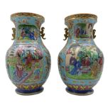 Pair of Chinese Canton Famille Rose twin handled vases