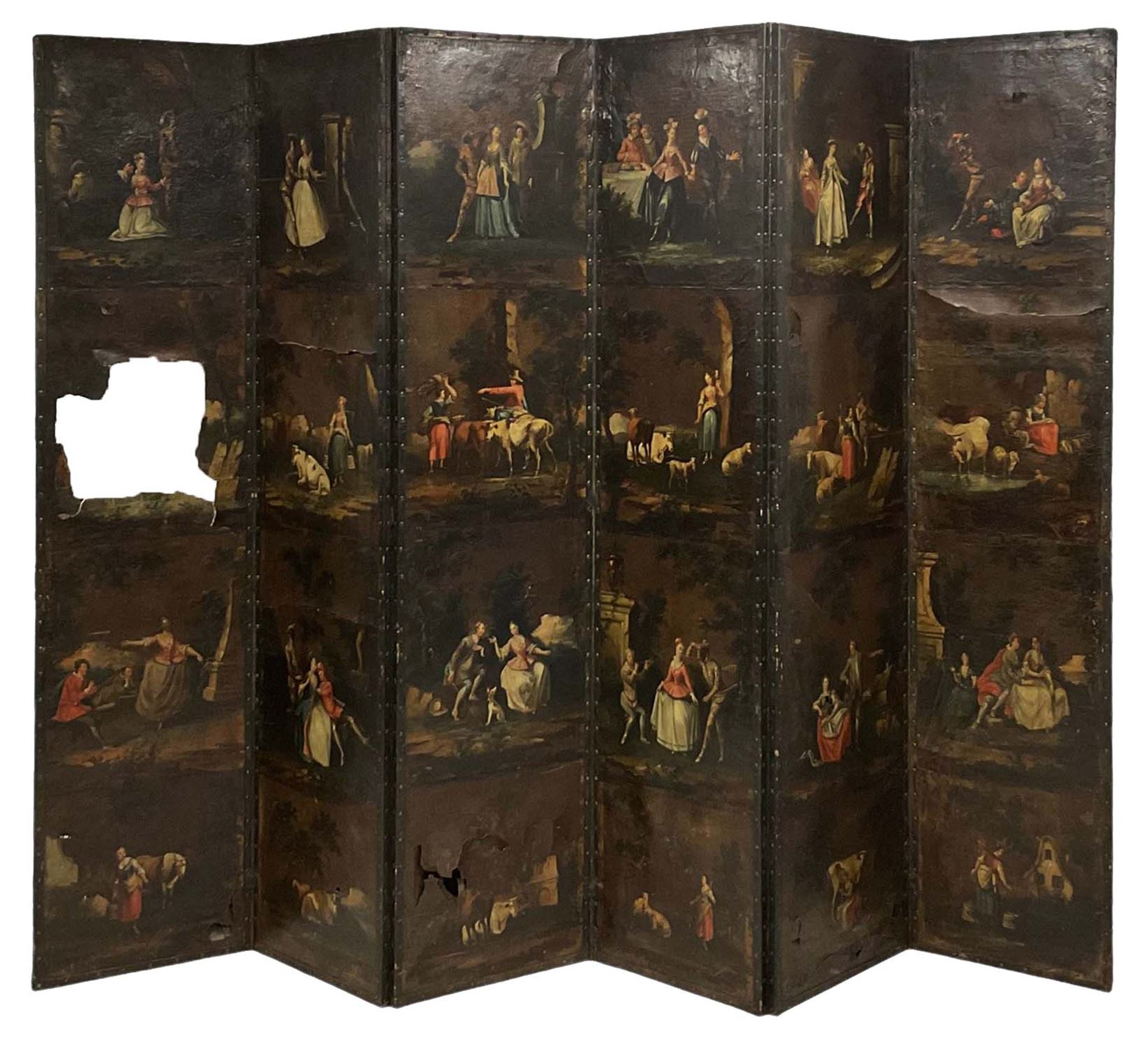 Late 18th century Dutch painted leather six panel screen