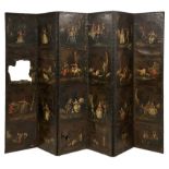 Late 18th century Dutch painted leather six panel screen