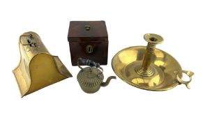 Victorian brass money box of bell form with swing brass handle and applied foliate plaque W15cm